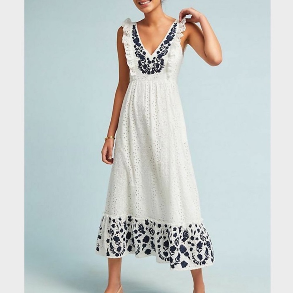 Anthropologie Allison New York white navy eyelet maxi dress SZM EUC